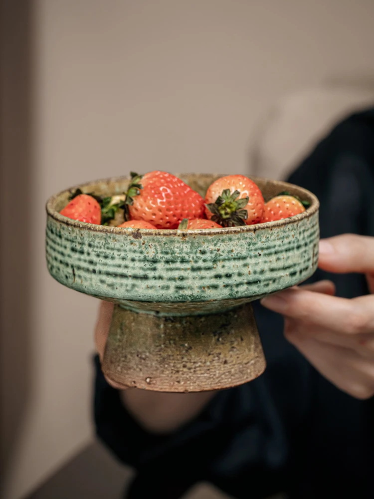 

Handmade Retro Coarse Pottery High Foot Fruit Plate Tea Room Nut Dessert Tray