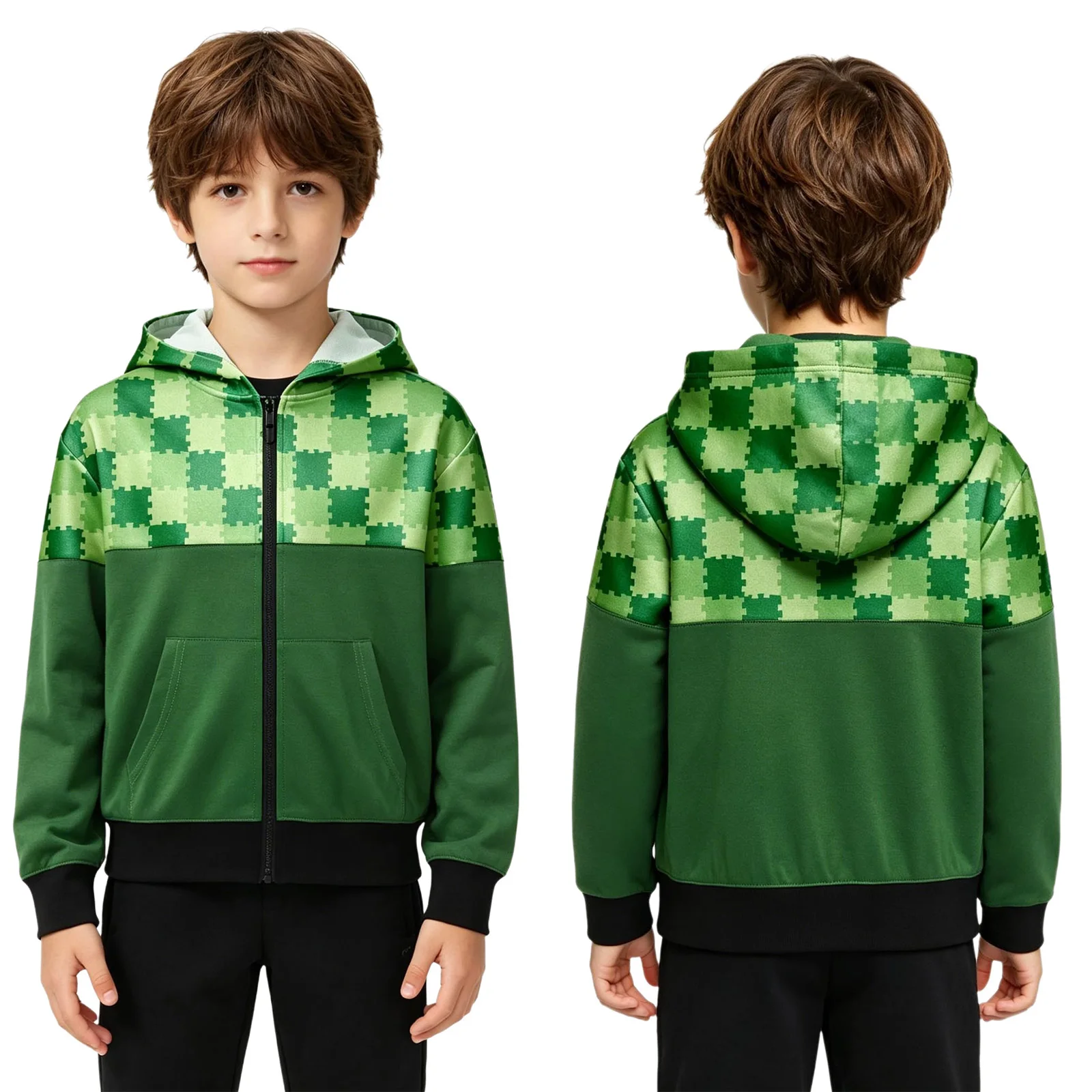 

Kids Plaid Zipper Front Hoodie Long Sleeve Hooded Jacket with Pockets Breathable Stretchy for Halloween Cosplay Sports Gaming