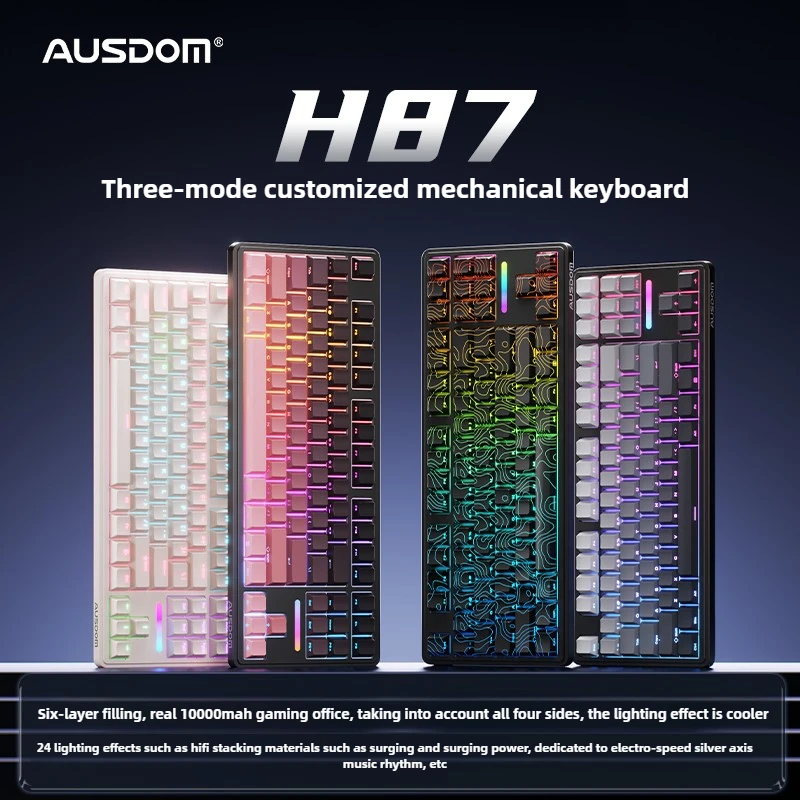 AUSDOM H87 Teclado Mecânico Sem Fio Três Modos RGB Estrutura de Junta Hot Swappable Pc E-sports Gamer Bar Teclado Presentes