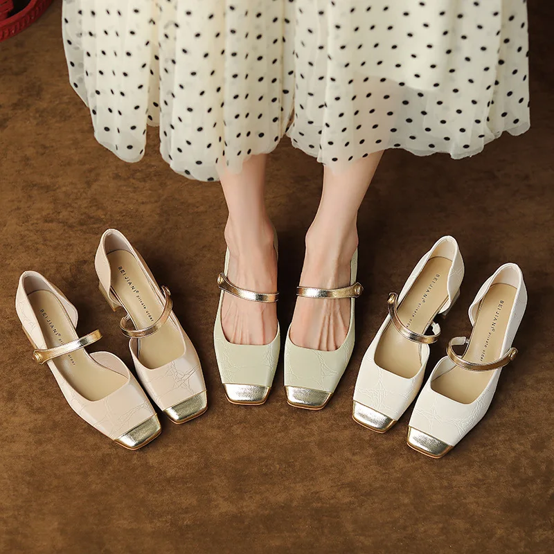 2025 New Retro One Line Buckle Strap Colored Thick Heels and Shallow Mouth Single Shoes