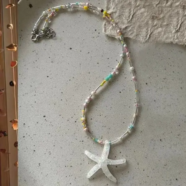Boho mehrschichtige weiße Seilkette Halskette für Frauen Mode große Harz Seestern Stern Anhänger Halskette Strand Party Schmuck – Detail 12