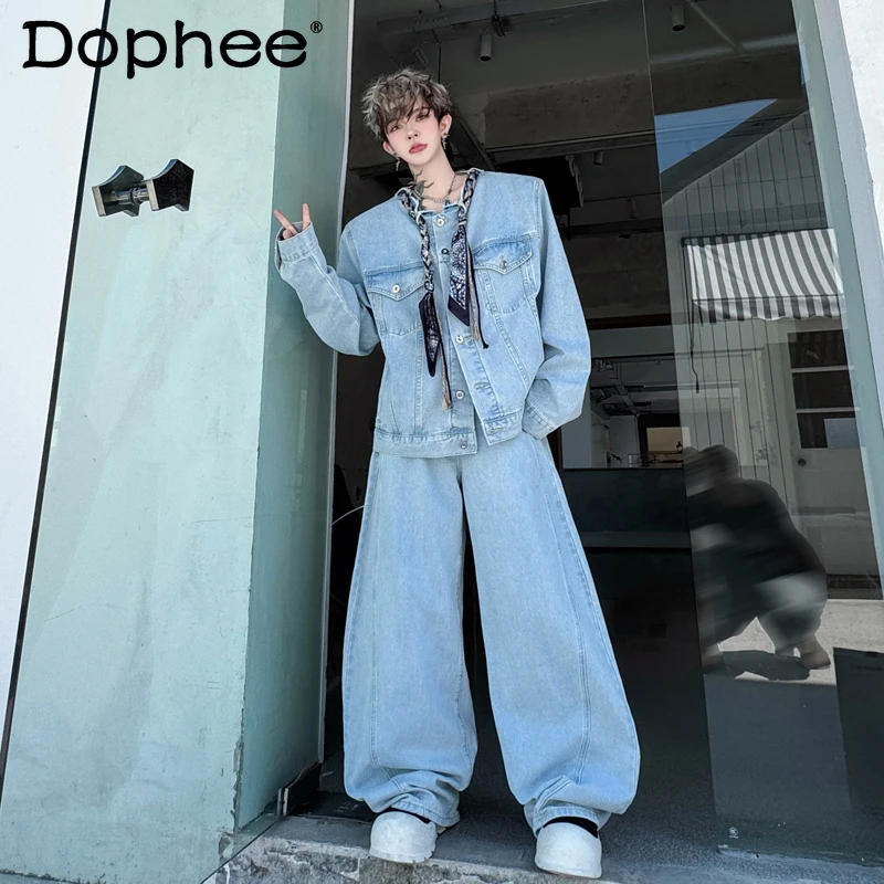 

Мужские осенние новые комплекты из двух предметов 2025, мужские украшения из ленты, маленькие ароматные джинсовые куртки с длинными рукавами, комплекты из изогнутых широких брюк