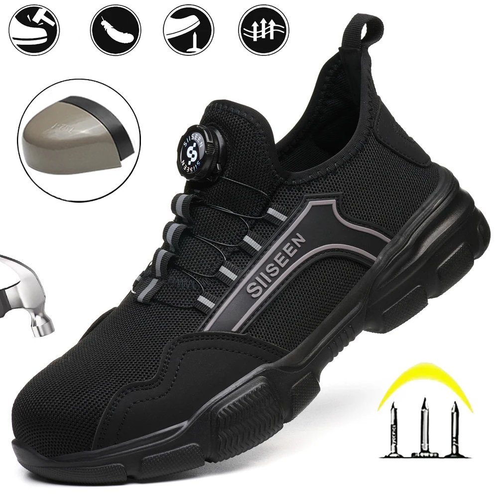 メンズ軽量通気性安全靴アンチスマッシングスチールトゥケブラー抗穿刺スリップオンバックル作業靴