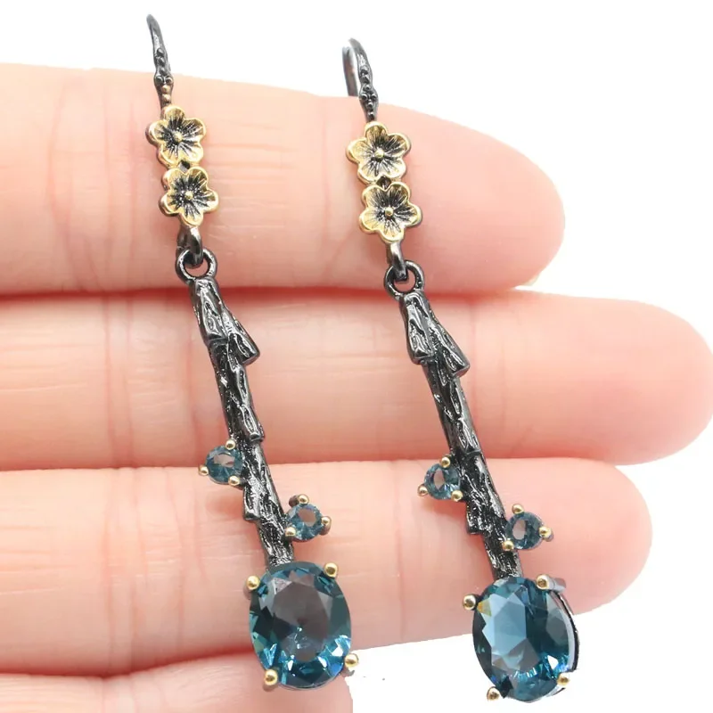 Buy 3 Get 1 Free 55x8mm  6g Purple Amethyst Dark Blue Topaz For Ladies Black Gold Earrings