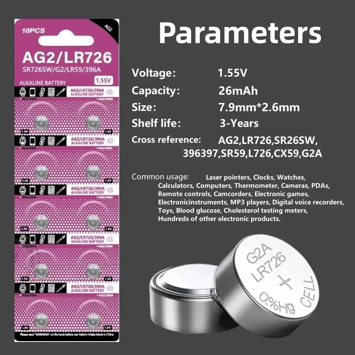 100/200PCS AG2 LR726 396A 1.55V Button Cell Batteries 397 SR726 196 SR726SW 396 Button Battery For Watch Toys Remote Cell Coin