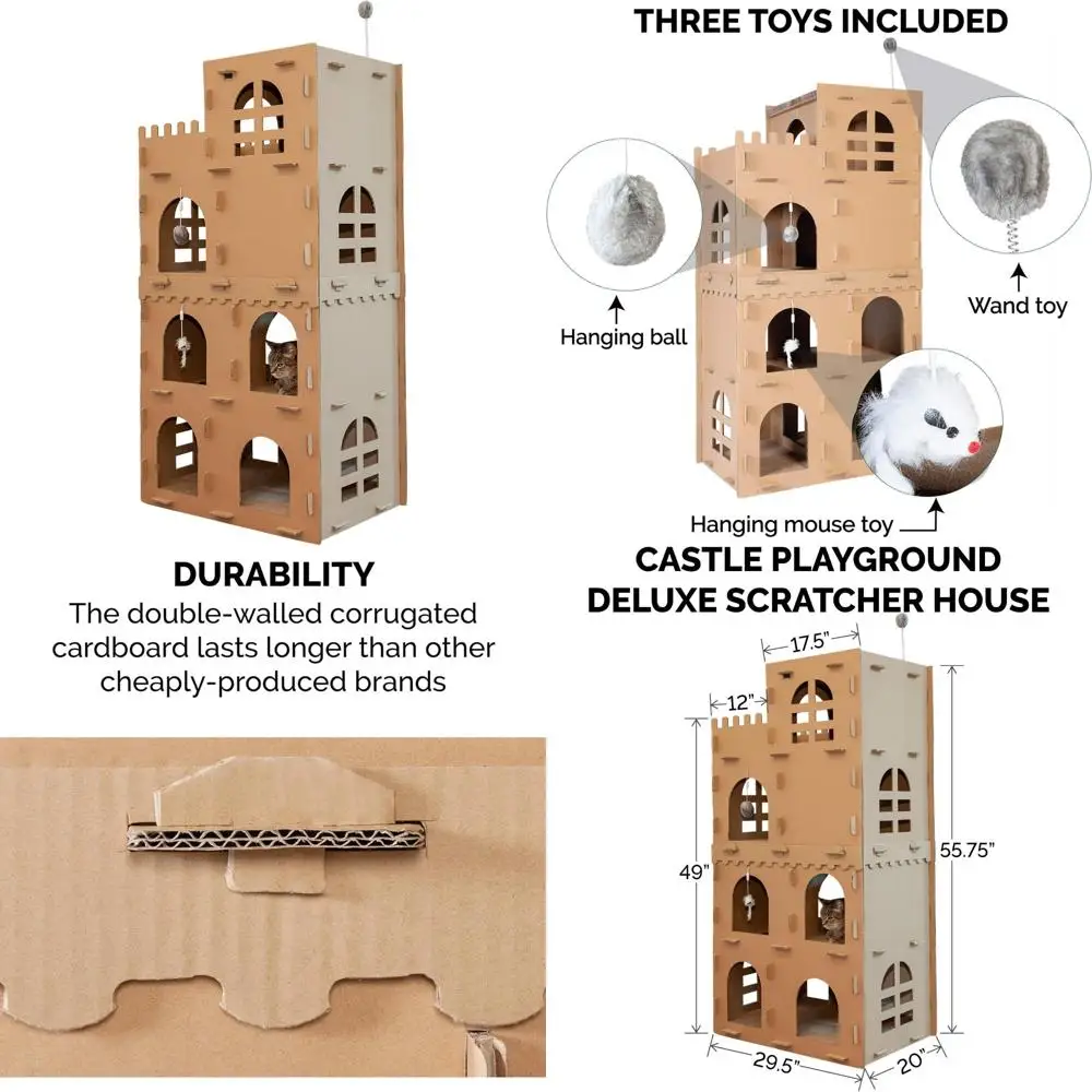 

Multi-Level Cardboard Cat Condo with Catnip, Scratching Pads, and Toys for Indoor Cats - High Castle Tower Style