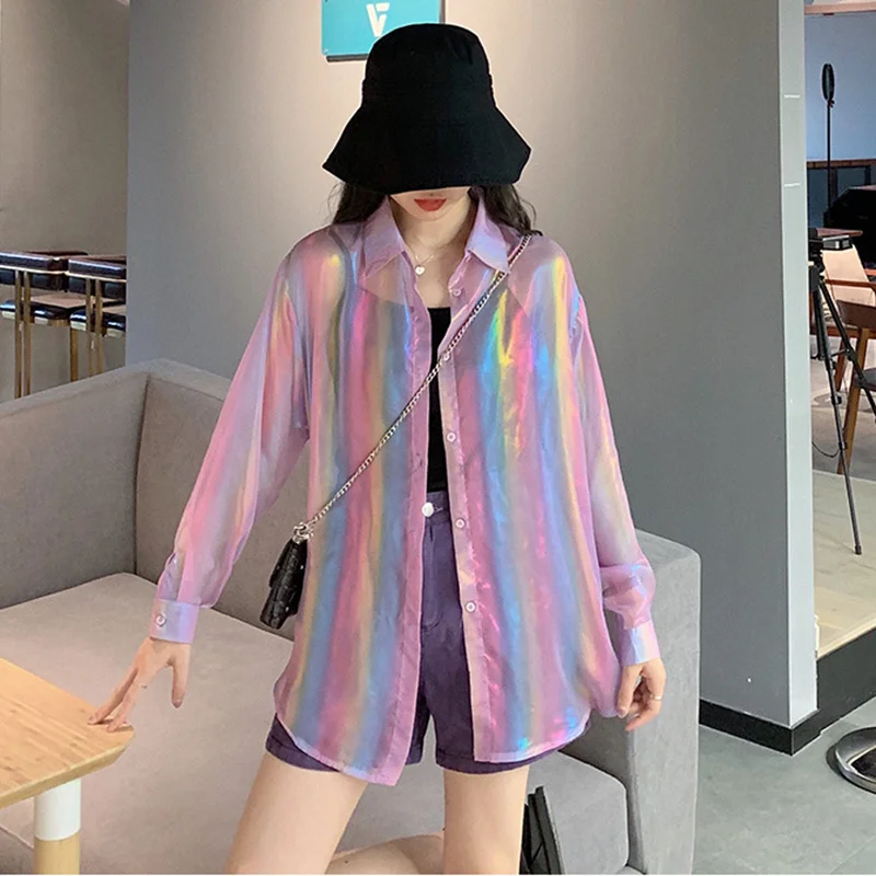 Rainbow Women Blouses Tops Long Sleeve Casual Turn-down Collar Cardigan Female Summer Trendy Sunscreen Girls Streetwear