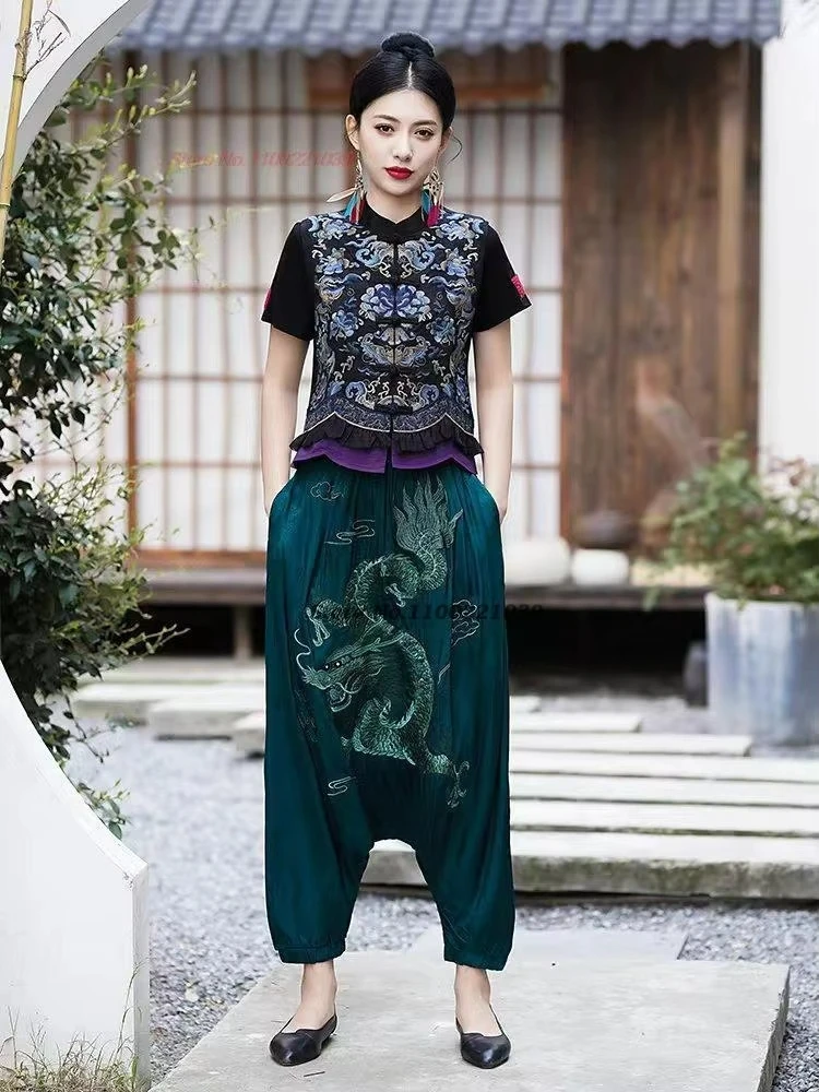 2025 التنين الصيني التطريز الساتان الجاكار البنطلونات السراويل التقليدية العرقية خمر harajuku سراويلي حريمي الرجعية السراويل الفضفاضة #5