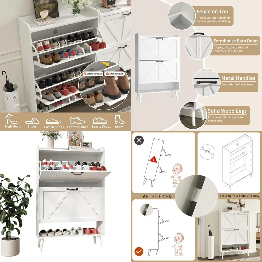 

White Farmhouse-Style Shoe Cabinet with 2 Drawers, Freestanding Entryway Storage, Narrow Rack with Wooden Legs