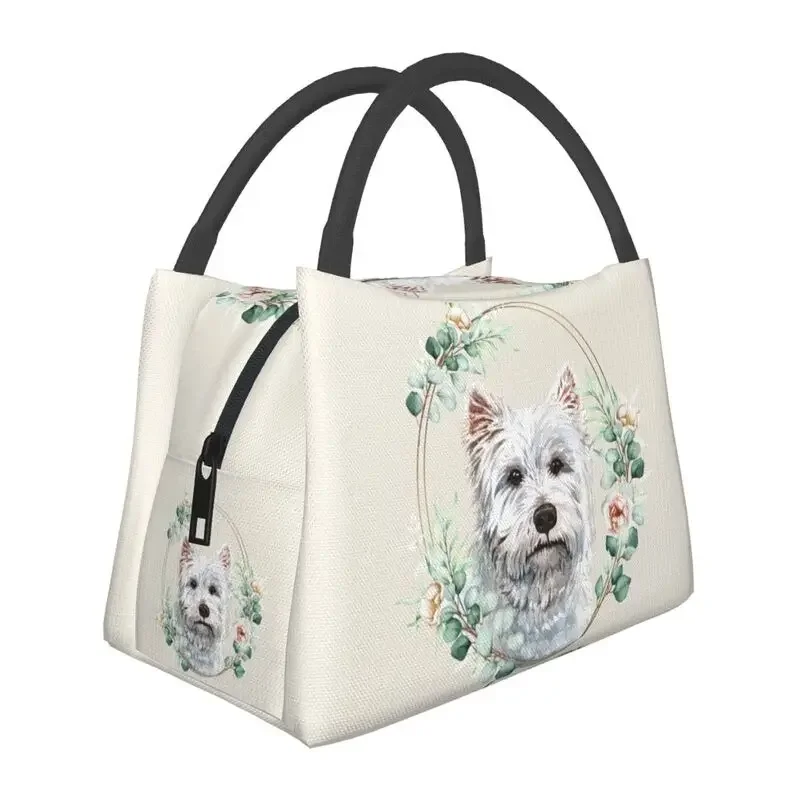 West Highland White Terrier Dog In Floral Gold Wreath Insulated Lunch Bags for Westie Pet Lover Portable Cooler Thermal Bento