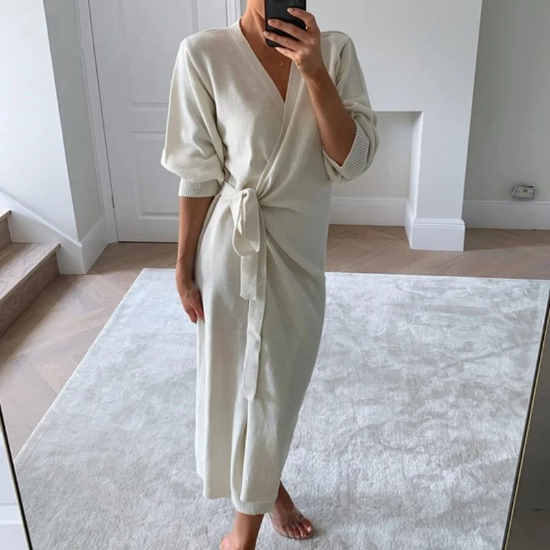 

Ladies Autumn and Winter New Style Elegant Sexy V-neck Solid Color Long Women's Lace Bandage Sweater Robe Sweater Wrap Dress