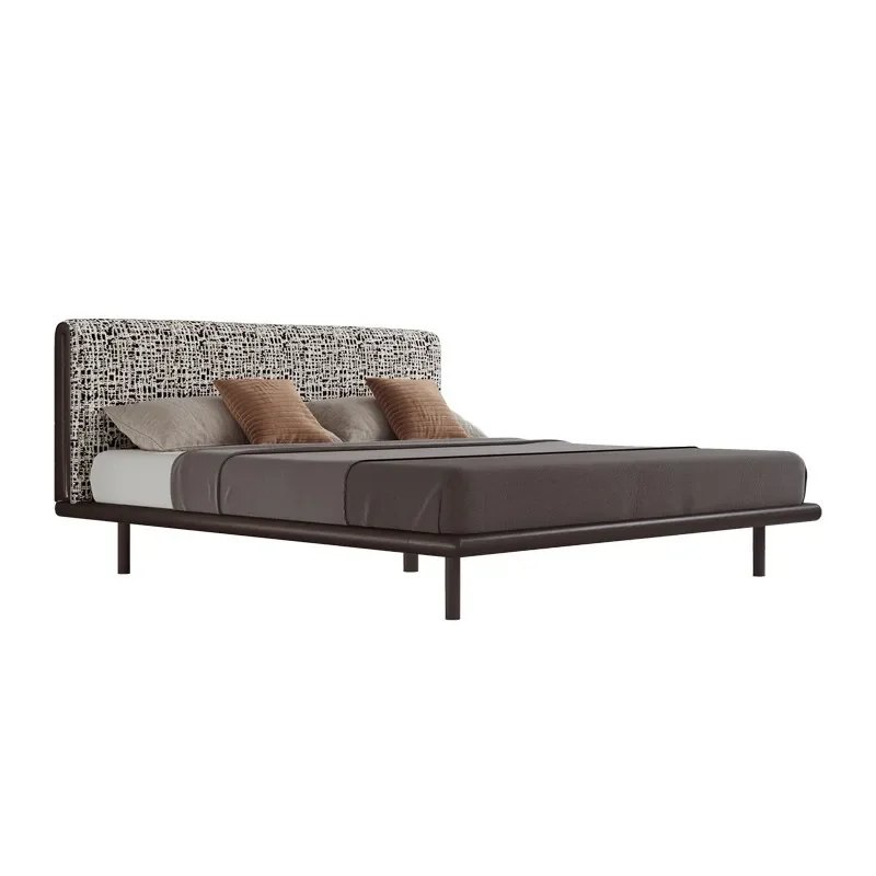 Nordic Japanese Style Solid Wood Double Bed with Cotton Linen Upholstery Modern Flush Edge Design for Master Bedroom