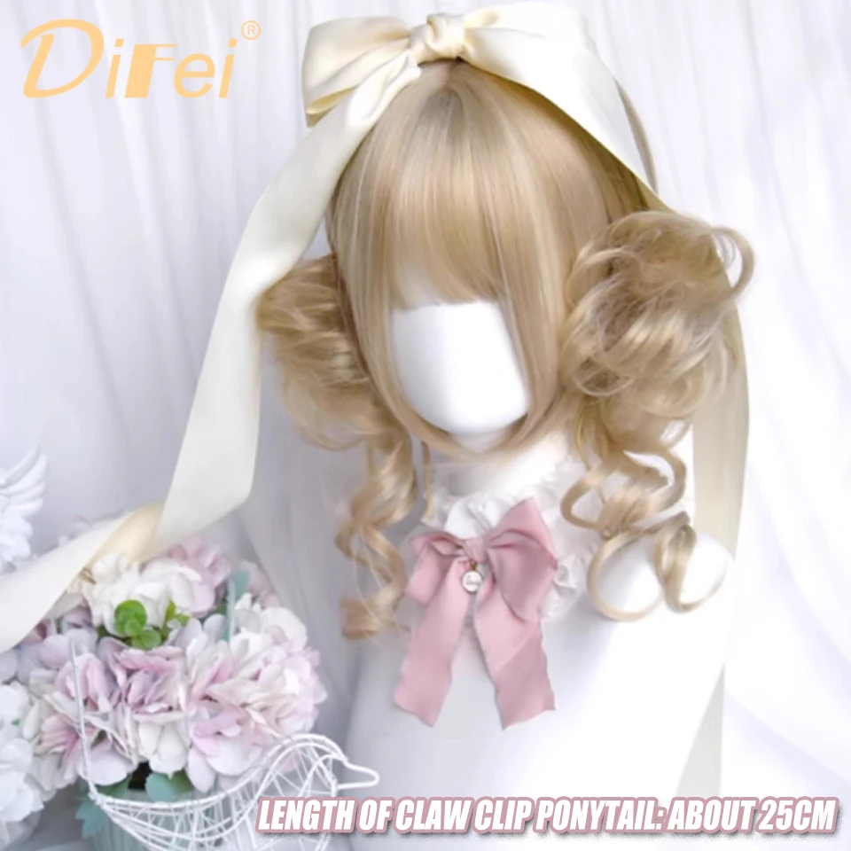 DIFEI-Perruque Synthétique Courte et Bouclée pour Femme, Couleur Or Clair, Accessoire Capillaire, Style Lolita 03, avec Frange Droite, pour ixCosplay