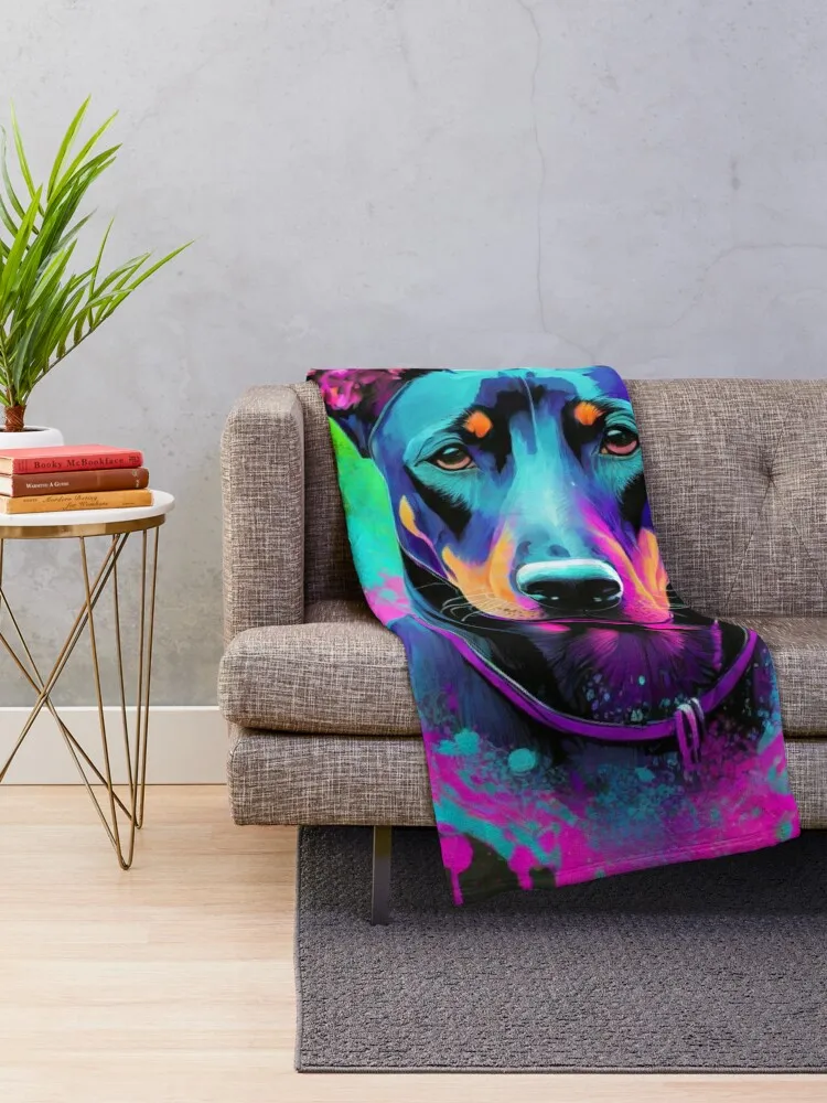 Neon Paint Splatter Doberman II Throw Blanket Luxury Designer Hair Blankets