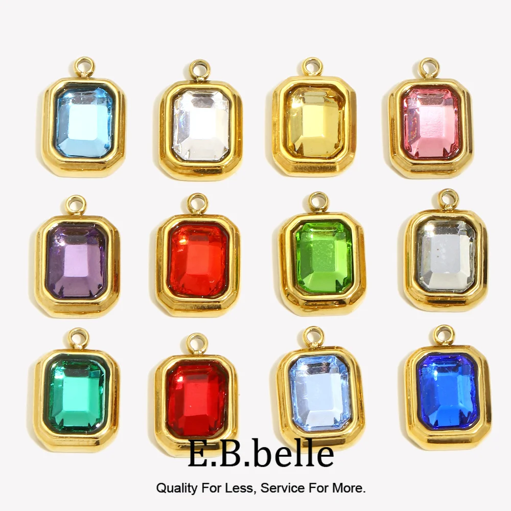 E.B.belle Gold/Silver Color Square Shape Birthstones Pendants Charm For Jewelry Making DIY Necklace Bracelet Fashion Charm Gifts