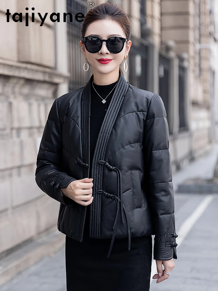 TAJIYANE 100% Skóra Owcza Kurtka Puchowa Damska z Kołnierzem z Futra Lisa Prawdziwe Skórzane Kurtki Stylowa Kurtka Puchowa Odzież Zimowa 2025 신상재킷