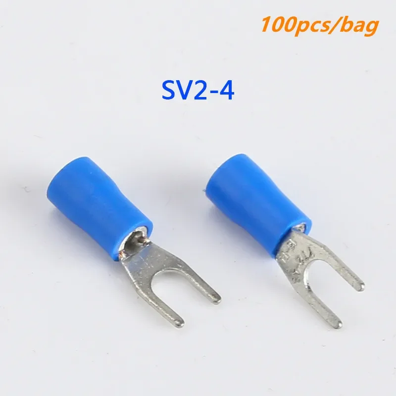 SV2-4 Blue Furcate Cable Wire Connector 100PCS/Pack Furcate Pre-Insulating Fork Spade 16~14AWG Wire Crimp Terminals SV2.5-4 SV