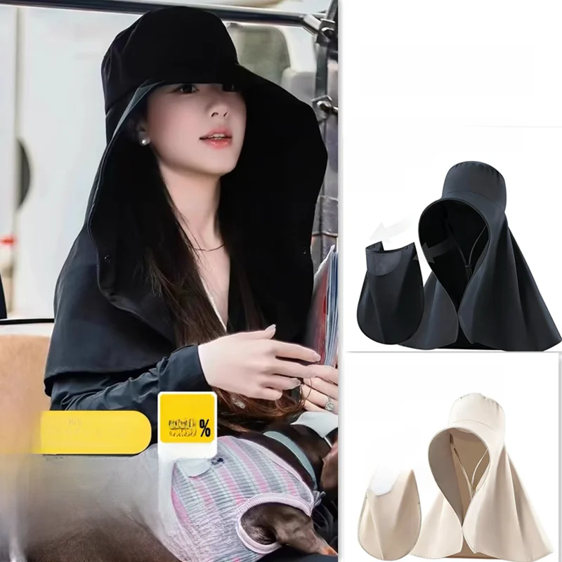 uvカット-レディース日よけ帽子-ショール付き-360度首保護-大きなつばのサマーハット-軽量ポリエステル