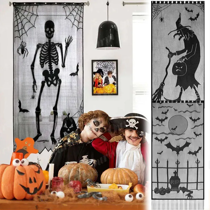 1-4PCS Black Lace Halloween Window Curtain Spider Web Bats Door Panel Decor for Spooky Home Holiday Decoration