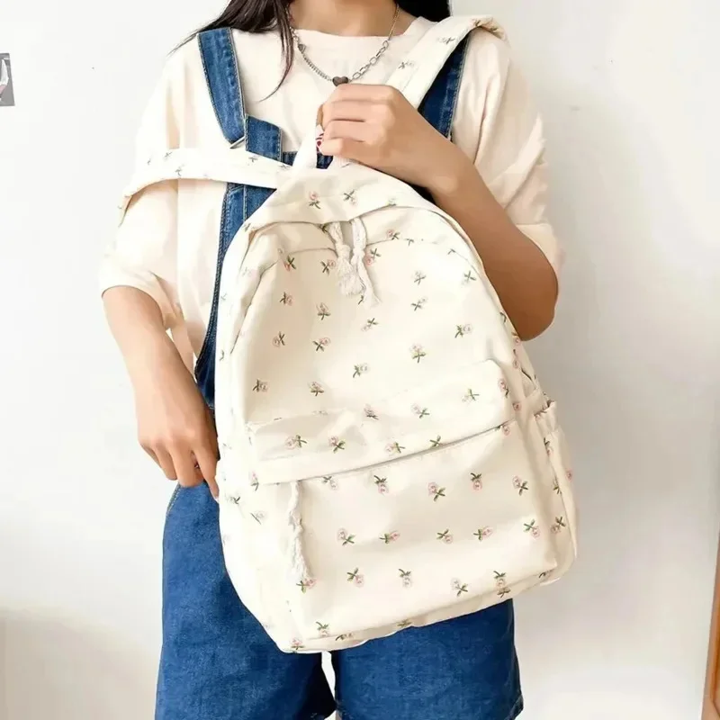 Floral White School Bags Fashion Floral Printed Backpack For Travel  Large Capacity Nylon Knapsack Student Girls Shoulder Bag