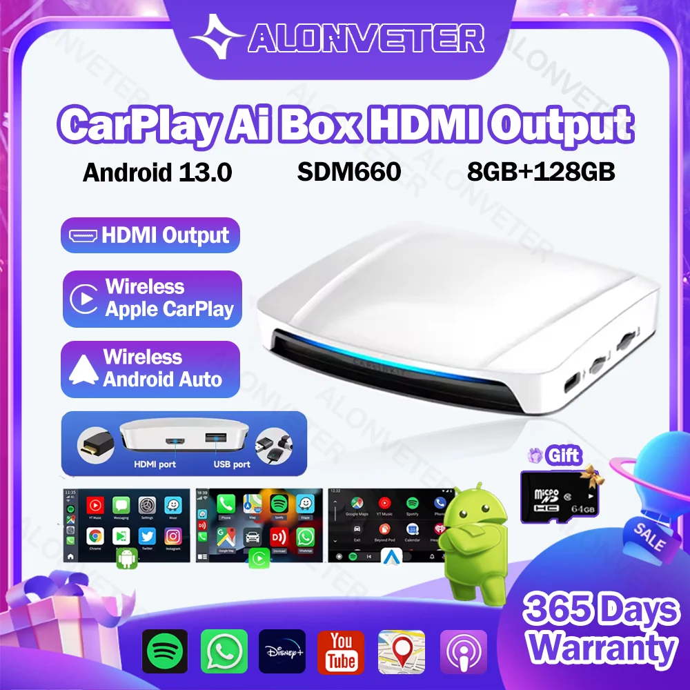 

Carlinkit CarPlay Ai Box Android 13.0 HD Output Video Adapter UHD TV Box Wireless Adapter Android Auto 8+128GB SDM660 8-Cores