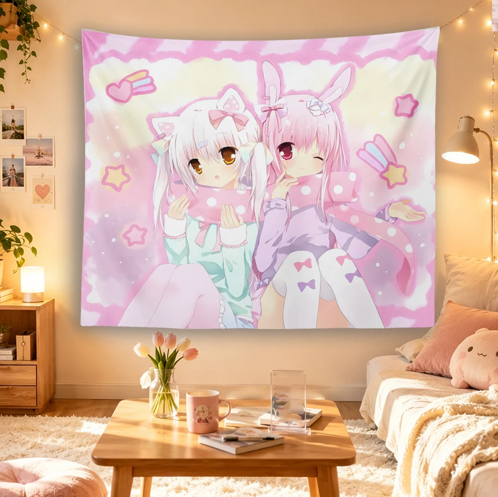 Kawaii Katzen-Hasenohren Anime Mädchen Wandteppich, Rosa Pastell Stern Herz Moe Wandbehang für Mädchenzimmer Wohnheim Deko – Detail 5