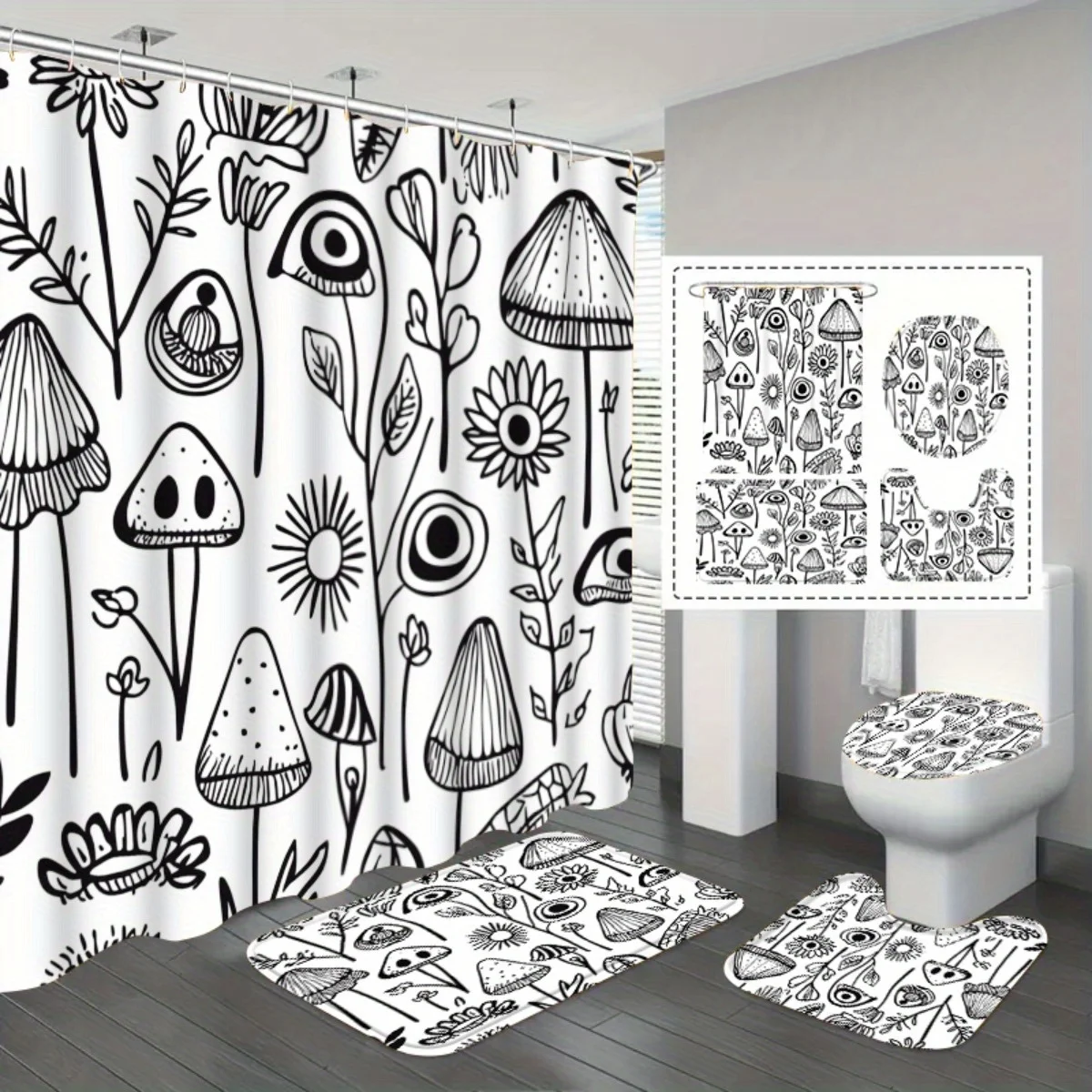

4-piece black and white style bathroom set, mushroom and flower, including bath mat, U-shaped mat, toilet seat