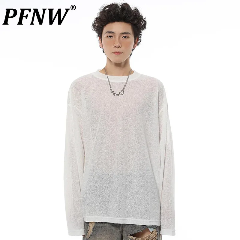 

PFNW Minimalist Male Tees Long Sleeve Round Neck Sunscreen T-shirt Solid Color New Thin Loose Men's Tops 2024 Trend 28W3926