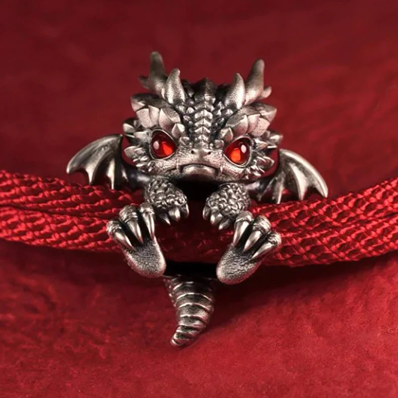 Fantasy Mini Winged Baby Dragon Woven Bracelet Vintage Textured Stainless Steel Dragon Charm Multi Color Adjustable Cord Jewelry
