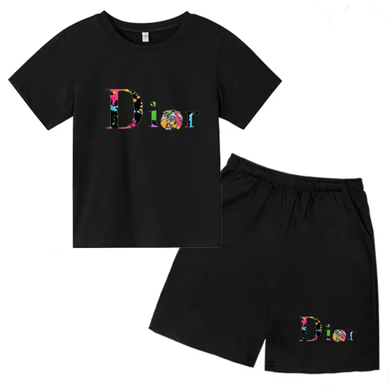 Kids Summer New T-shirt Monogram Print Top Boys Girls Toddlers 3-12 Years Old Top + Shorts 2P Casual Charming Sports Jogging Set