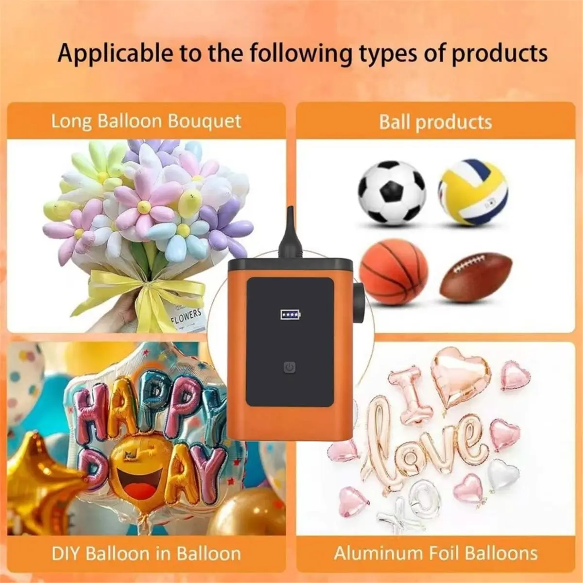 USB 100-240V Balloon Pump Electric Long Bar Balloon Inflating Machine Outdoor Portable Magic Balloon Pump Orange