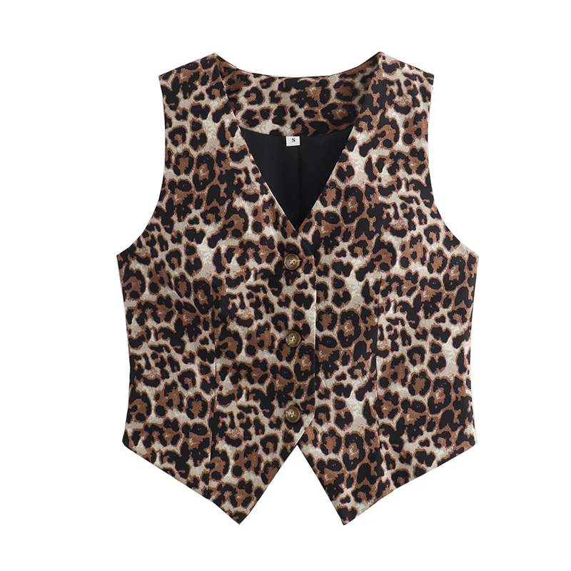 

YENKYE Vintage Leopard Print Vest Women Sleeveless V Neck Fitted Summer Waistcoat Female Y2K Office Chic Crop Top