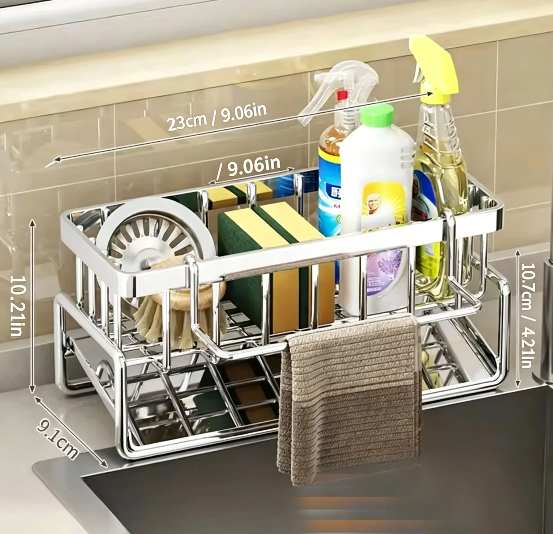 Stainless Steel Kitchen Sink Caddy Organizer, Adhesive Sponge Holder With Drain Tray, Multi Compartment Dish Brush Soap Storage Rack, Household Countertop Sink Accessory