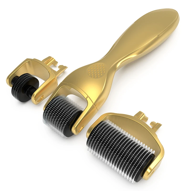 Kit de Derma Roller con Agujas de Titanio Doradas, 180, 600 y 1200 Pines, Microagujas, Dermaroller 3 en 1, Rodillo de Masaje para Ojos, Cuerpo y Rostro