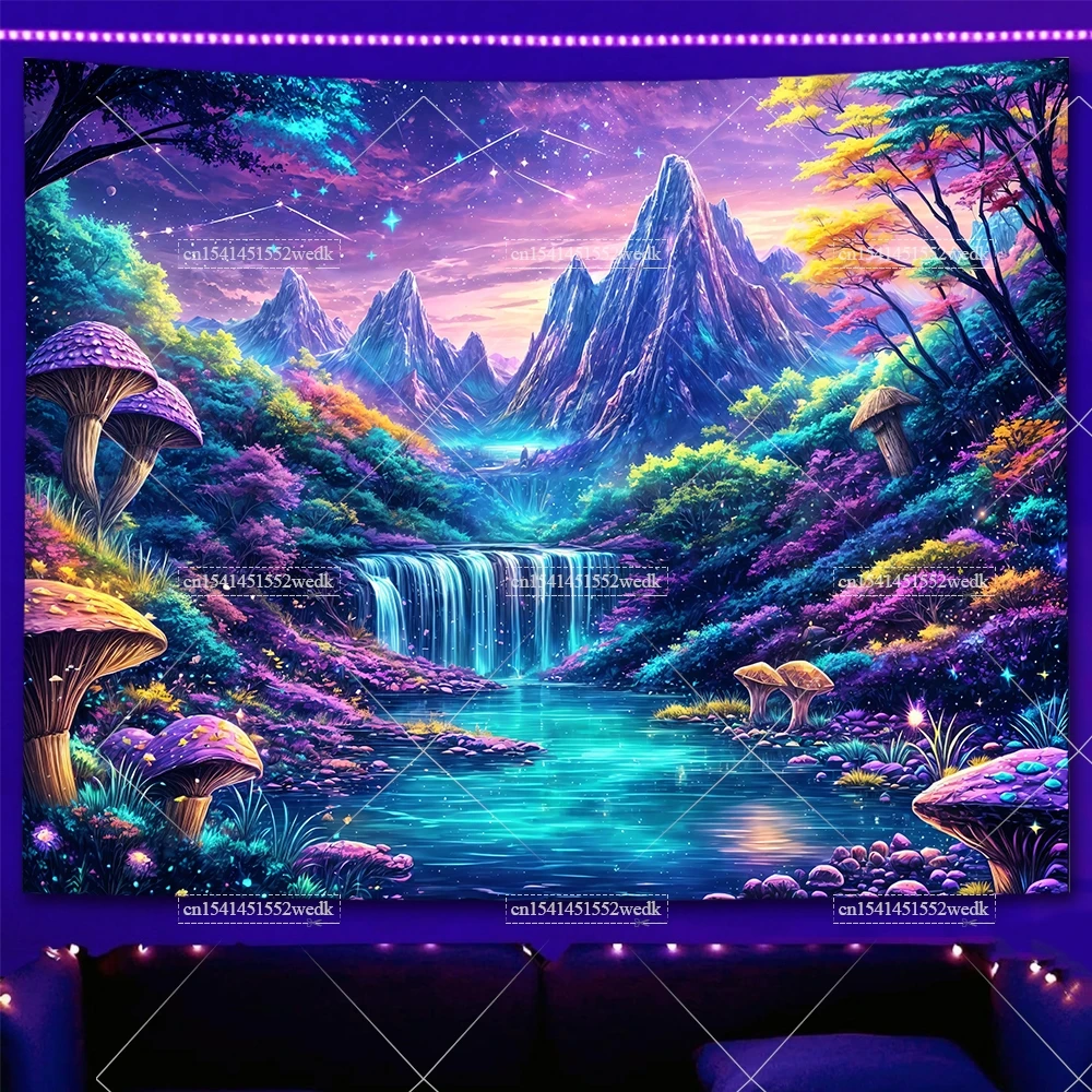 Fantasy Forest Blacklight Wandteppich, UV-reaktive Neon-Wandbehang, Mond, Schmetterling, fluoreszierender Wandteppich, ästhetische Raumdekoration, Poster