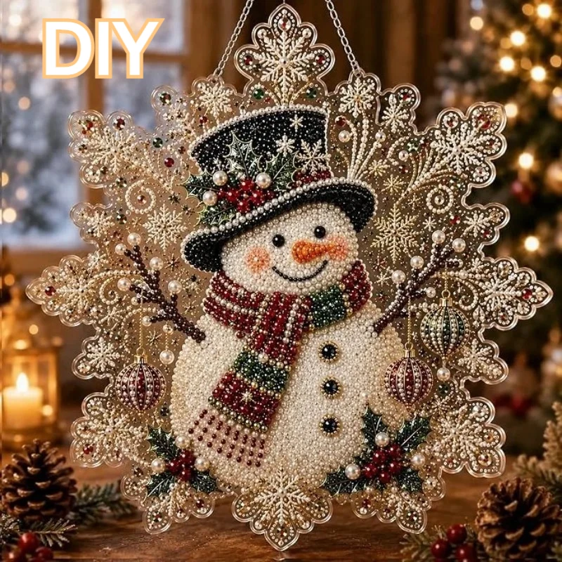 Image of DIY Weihnachts-Perlen-Diamant-Malerei-Anhänger, runde Acrylplatte, 2D flache Perlen-Bastelarbeiten, Feiertags-Fenster- und Wanddekoration