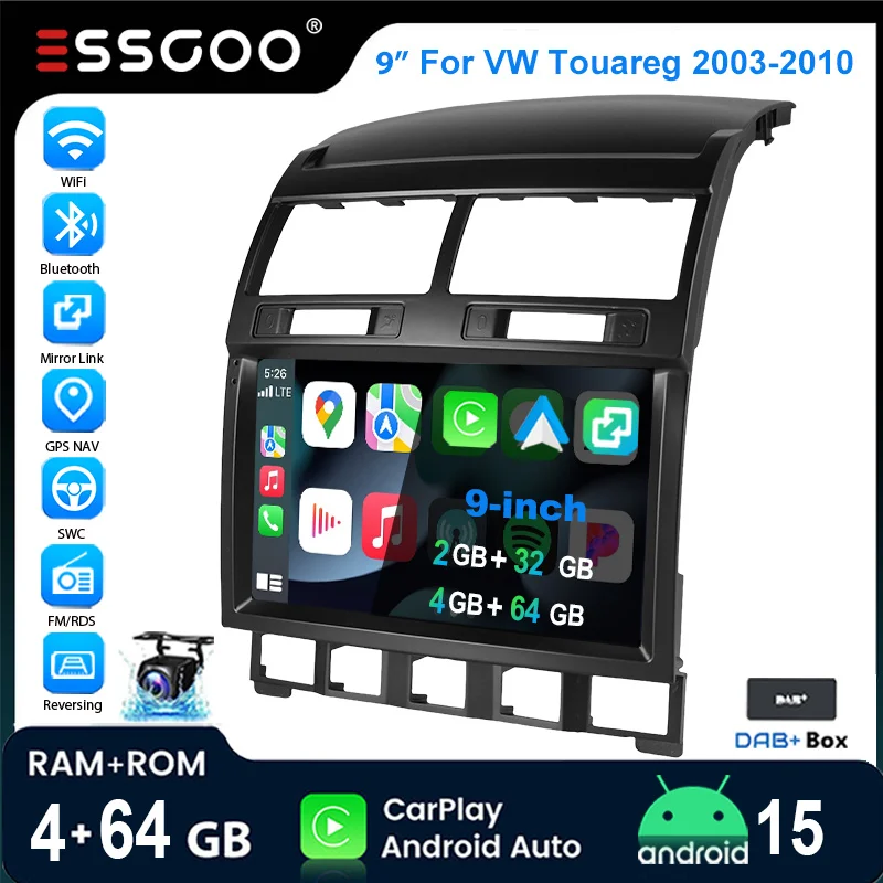ESSGOO Autoradio Android15 9" 4+64G / 2+32G für VW Touareg 7L 2003-2010 Wireless CarPlay Android Auto GPS Navigation WiFi FM RDS Mirror Link USB Bluetooth Lenkradsteuerung CANBUS Touchscreen
