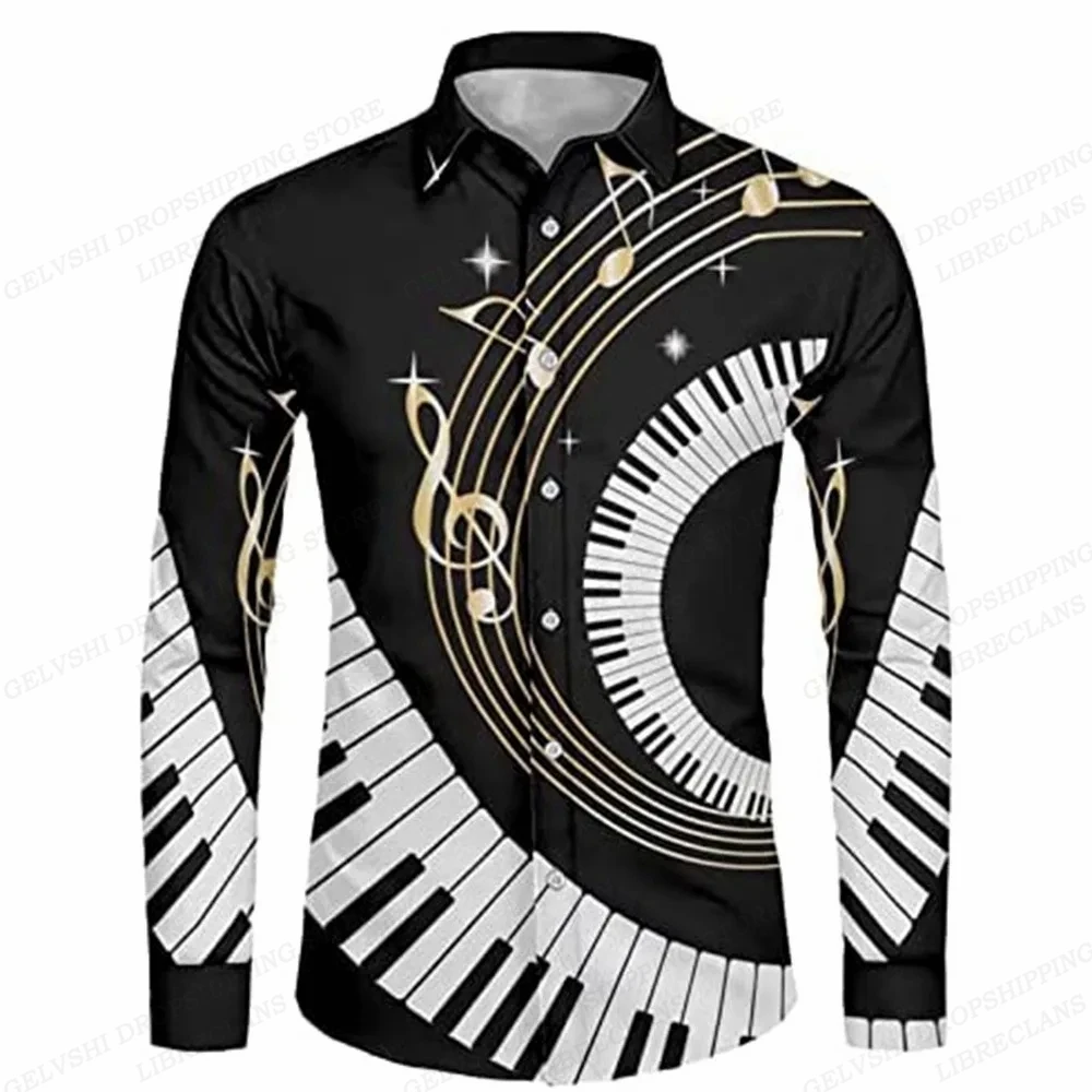 Long Sleeve Hawaiian Shirts Men Fashion Music Hawaii Shirt Instrument Beach Blouses Single Breasted Camisas Men\'s Clothing Aloha