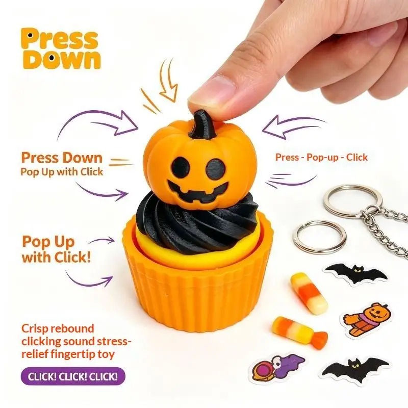 3D-gedruckter gruseliger süßer Cupcake-Clicker-Fidget-Halloween-Schlüsselanhänger, Fingerspitzen-Druck-Dekompressionsspielzeug für Halloween-Partygeschenke – Detail 3