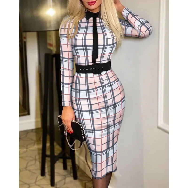 Office Lady Vintage Print Long Sleeve Belt Slim Bodycon Dress Women Summer New Elegant Fashion Commute Dresses Vestidos Feminino