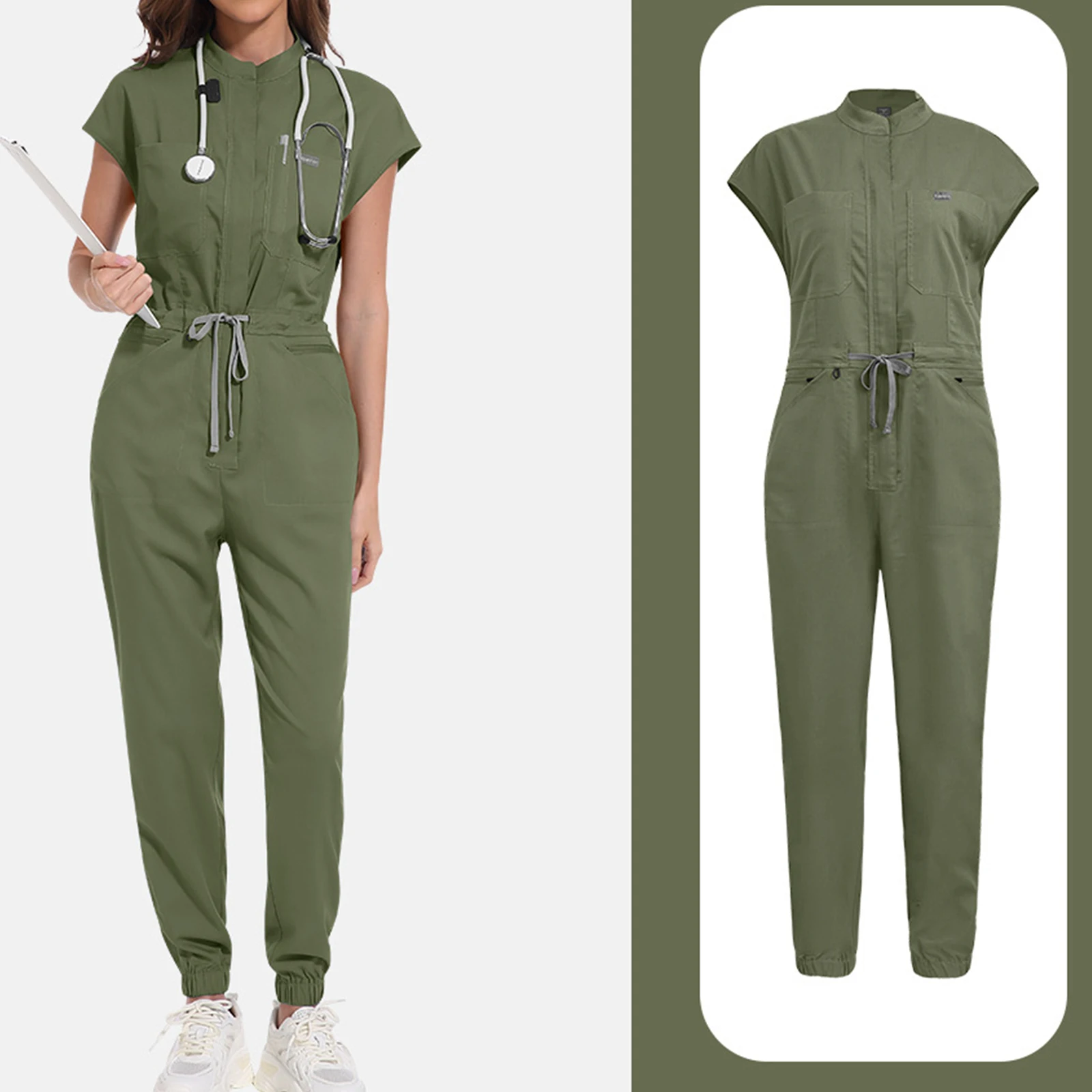

Women's Nurse Jumpsuit Stand Collar Sleeveless Multi-Color Drawstring Waist Multi-Pocket Medical Uniform Healthcare Workwear