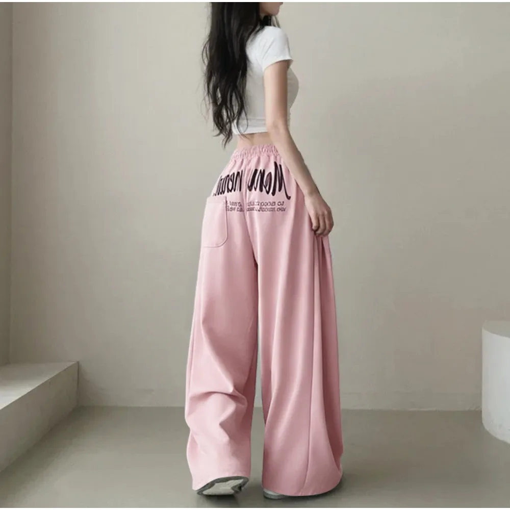 Fleece-Lined Y2k Drawstring Printing Sweatpants Women Hip Hop Fashion Streetwear Sports Trousers Loose Casual Wide Leg Pants