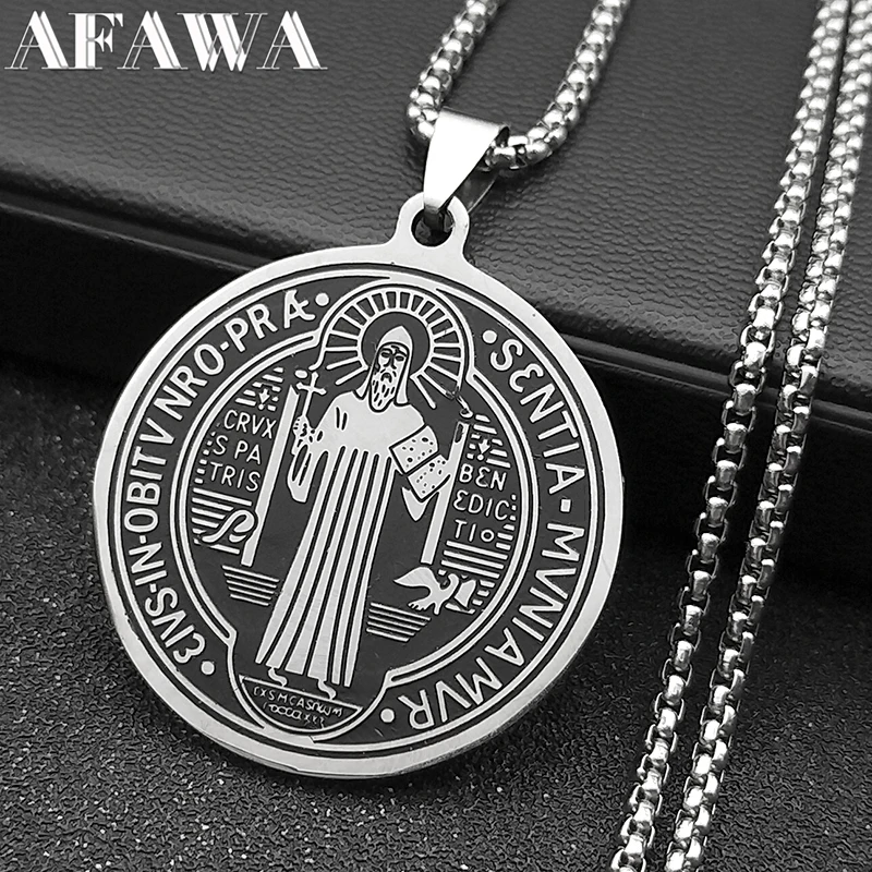 Saint Benedict Medallion Pendant Necklace for Women Men Stainless Steel Black Color Christian Spiritual Chain Jewelry N2588-6S02
