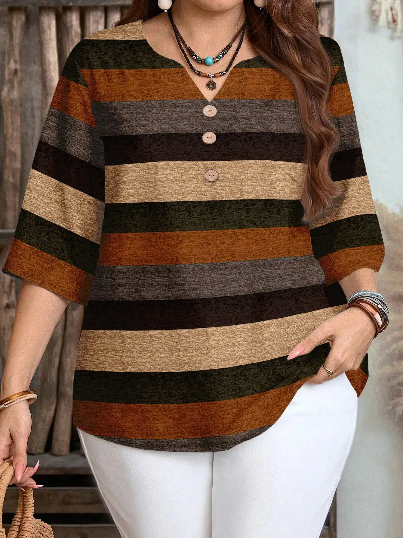 Plus Size Women Striped Print Blouse 3/4 Sleeve V‑Neck Button Decor Elastic Fabric Casual Ladies Tops