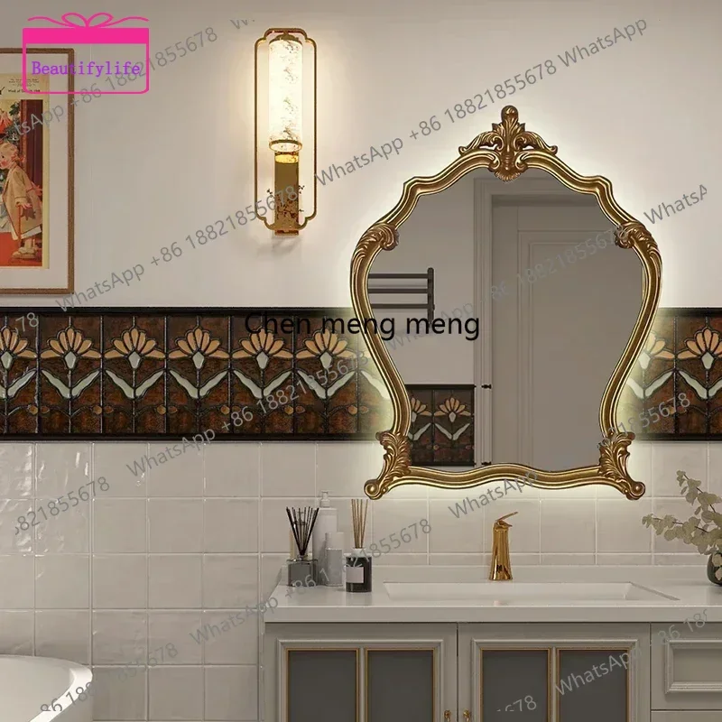 YL17  Vintage Carved Bathroom Mirror American Style Entrance Fireplace Decorative Mirror European Style LED Smart