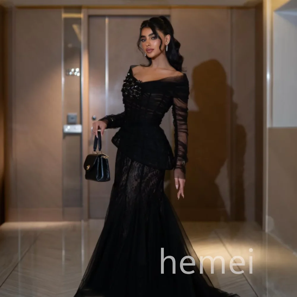 ชุดราตรีสีดำเซ็กซี่ ชุดราตรีลูกไม้สั่งตัด ชุดราตรีทรงเมอร์เมดแขนยาว ชุดราตรีปักเลื่อม