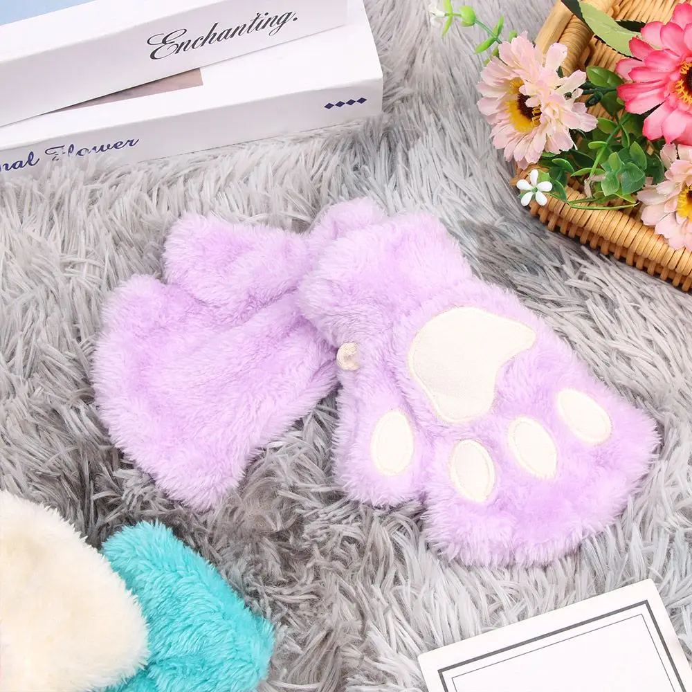 Girl Warm Plush Warm Fluffy Children Gloves Mittens Fingerless Cat Paw