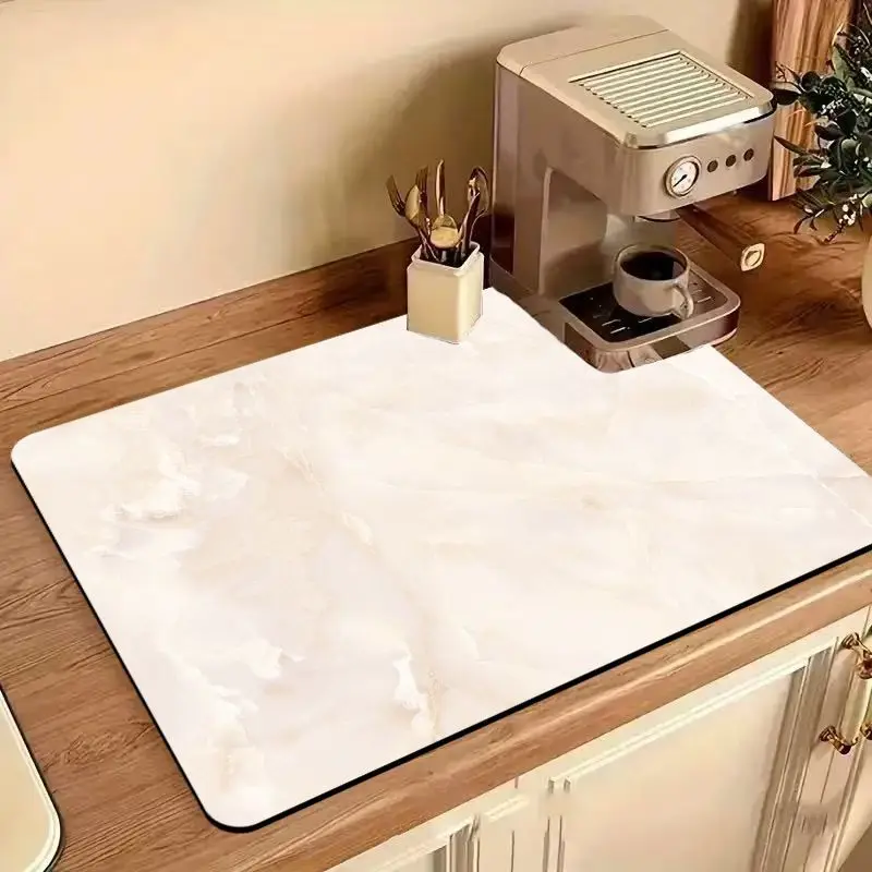 VIKAMA Light Beige Marble Texture Coffee Mat Waterproof Non Slip Quick Drying Pad Kitchen Coffee Machine Counter Mat