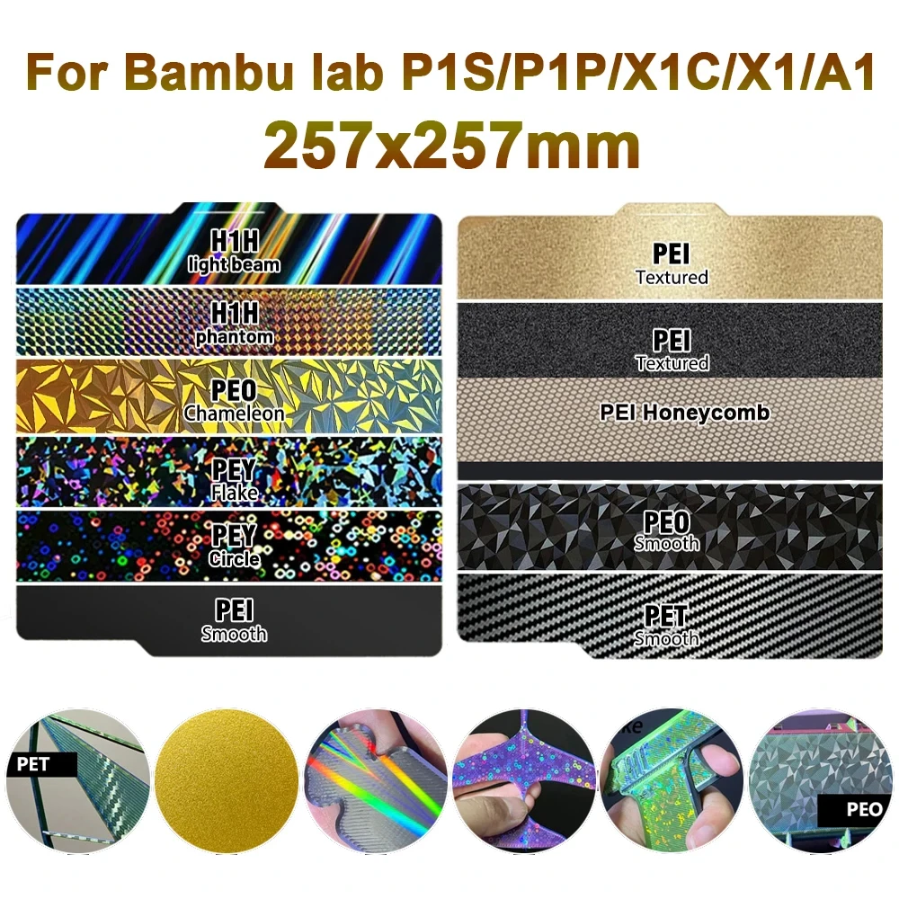 For Bambu Lab P1S Build Plate A1 X1C Pei Texture 257x257mm H1H PEY Peo Sheet Spring Steel For Bambulab P1P Bambulabs X1 Carbon