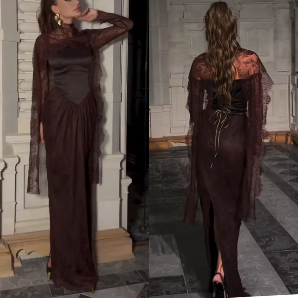 Customized Charmeuse Lace High Collar Sheath Long Dresses Bespoke Occasion Women's Evening Party Gown Charming Modern Style
